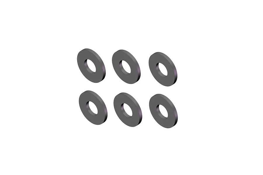 Set of six grey metal washers arranged in two rows of three against a clean white background.