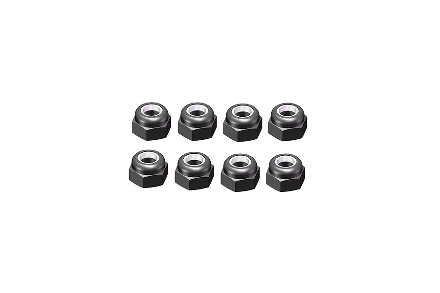 A set of eight dark grey nyloc nuts arranged in two rows of four against a clean white background.