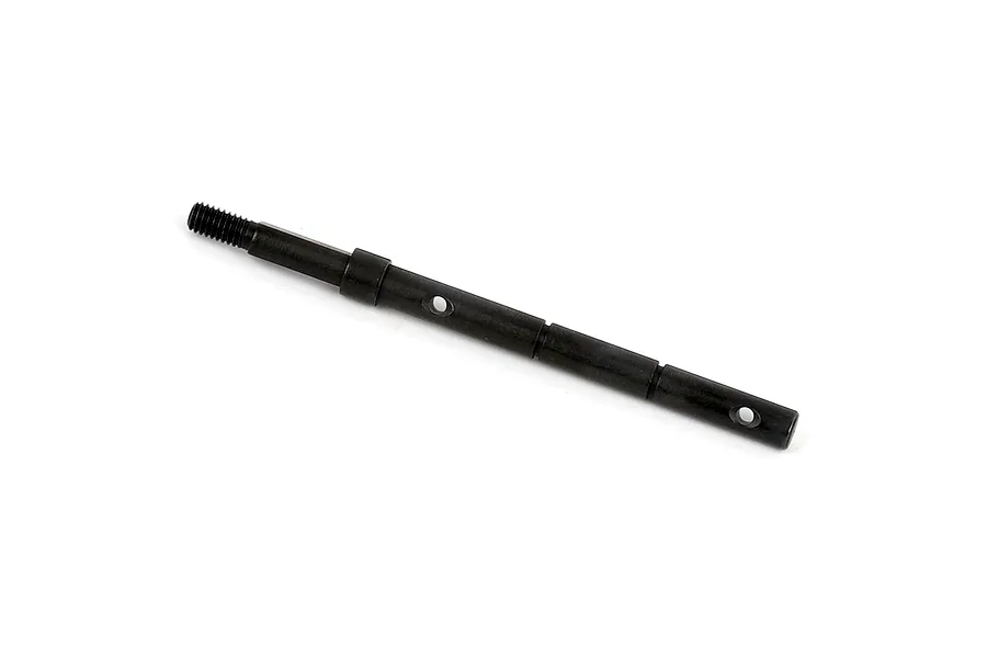 Studio product photo of a black metal RGT torque limit shaft with threaded end and cross holes against a plain white background.