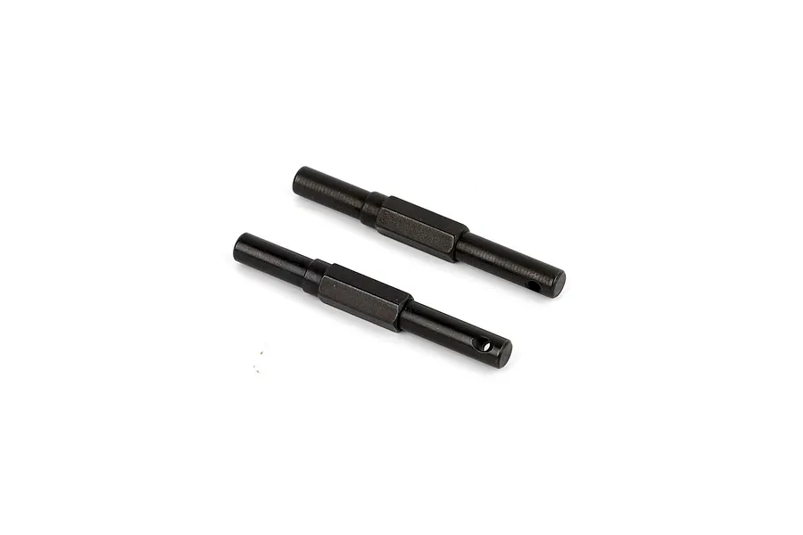 Studio product photo showing two black metal RGT DIG axle shafts against a plain white background.