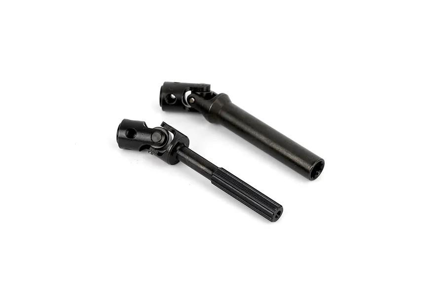 Two black metal CVD driveshafts for RGT RC vehicles shown on a plain white studio background.