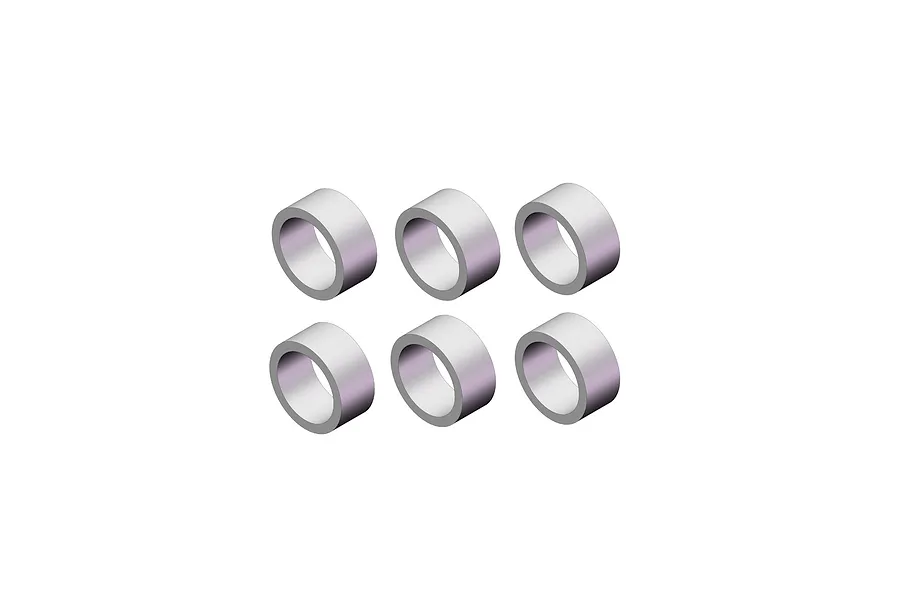 Studio product view of six silver metal spacers arranged in two rows of three against a white background.