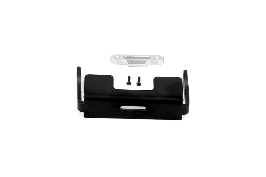 RGT front bumper set including a black metal bumper, silver fairlead mount, and two small screws on a white background.