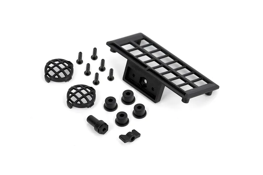 RGT assorted black plastic roof rack, light guards, mounting hardware, and small accessories on white background.