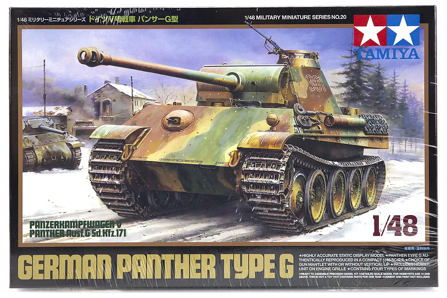Tamiya 1/48 scale German Panzerkampfwagen Panther Type G model kit box art showing a camouflaged tank in a winter setting.