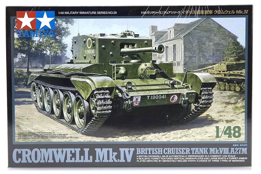 Tamiya 1/48 scale British Cromwell Mk.IV tank plastic model kit box art showing a green tank in a rural setting.