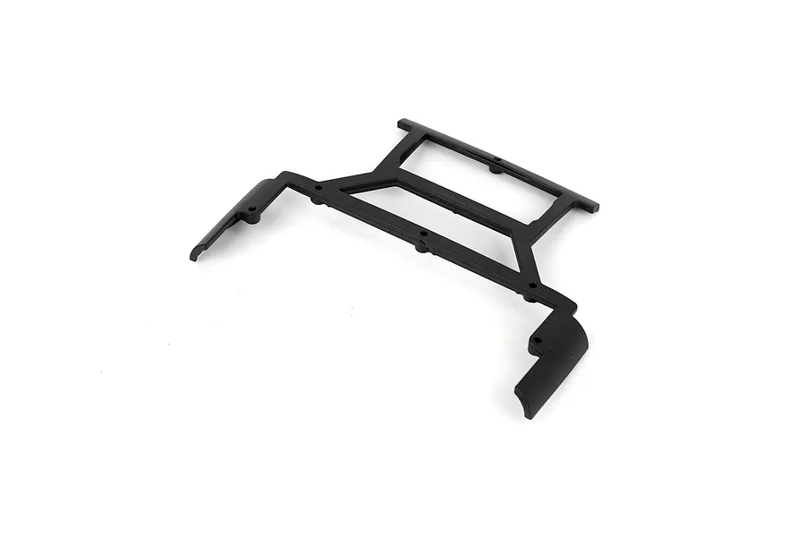 A black molded plastic RGT body mount part viewed from above against a clean white studio background.