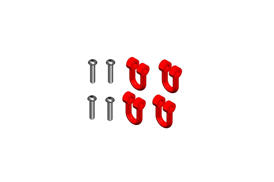 Four red winch hooks or shackles displayed alongside four matching silver metal screws against a plain white background.