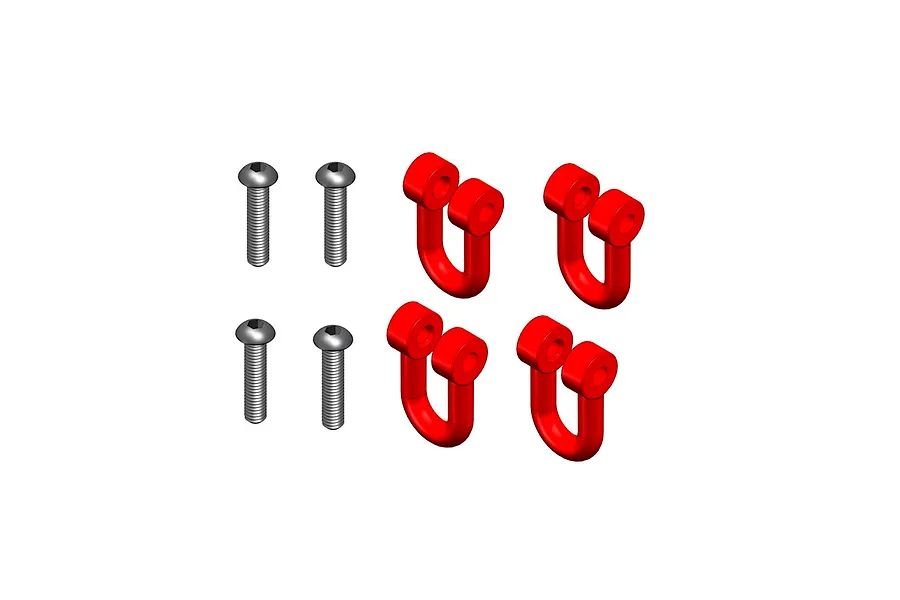 Four red shackle hooks and four metal screws displayed against a plain white background.