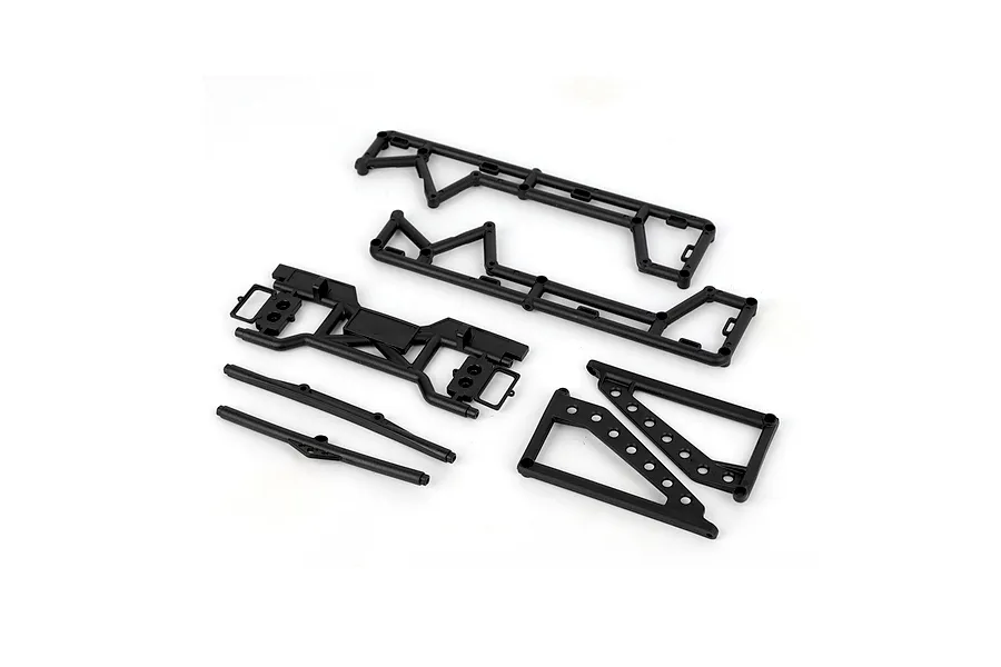 RGT 1/10 roll cage set components laid out on a clean white background, showing black molded plastic frame parts.
