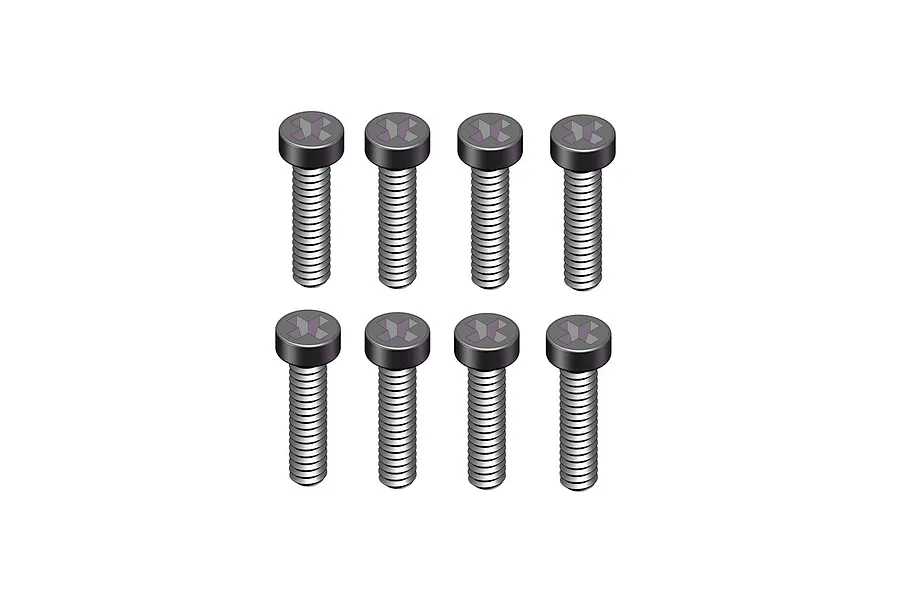 Studio product image showing eight identical cap head screws with threaded shanks arranged in two rows of four against a clean white background.