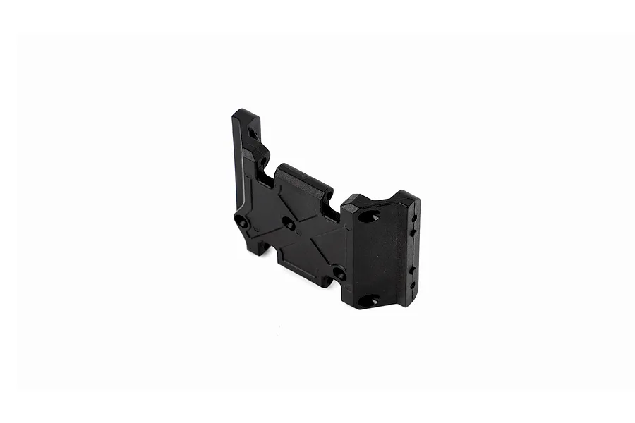 RGT black molded plastic gearbox plate showing mounting holes and structural ribs on a plain white background.