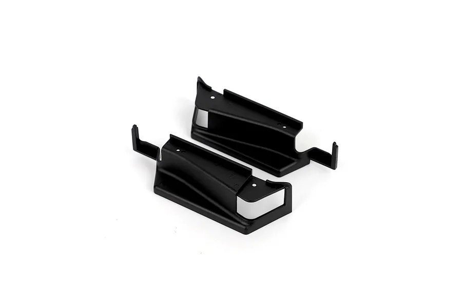 Two black molded plastic dust guards designed for rear left and right sides, shown on a plain white background.