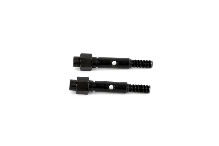 Two black metal threaded shafts with hexagonal collars and drilled holes displayed against a plain white background.