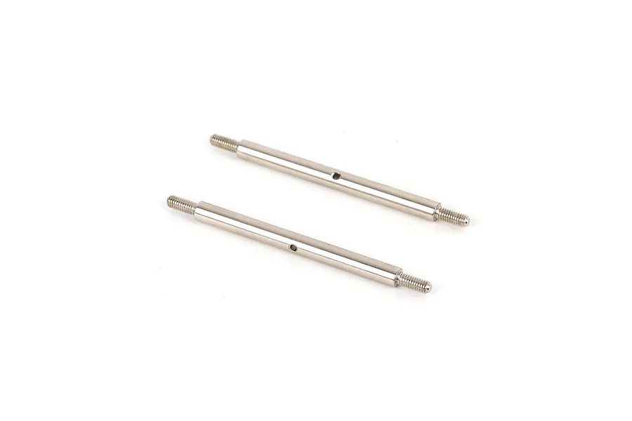Two shiny silver metal linkages with threaded ends and a central hole against a plain white background.