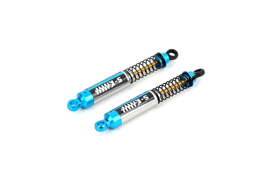 Two blue and silver aluminium assembled RC shock absorbers with black coil springs against a plain white background.