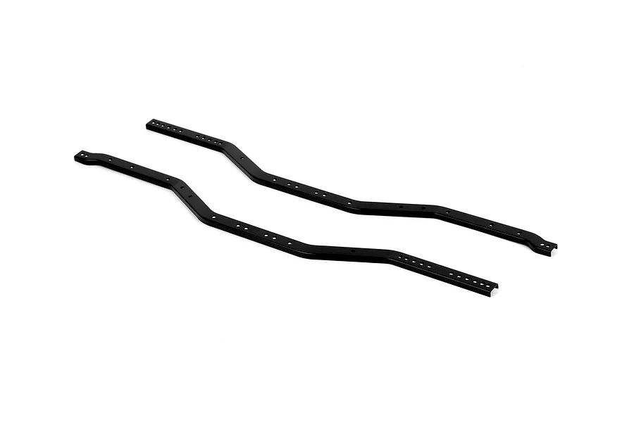 Two black metal main chassis rails for RGT RC models displayed diagonally on a plain white background.