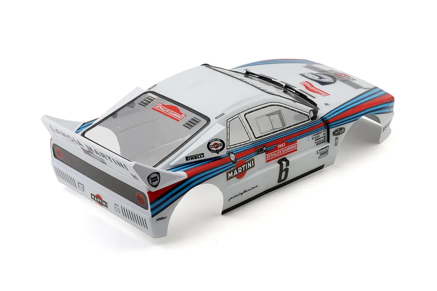 Killerbody 1/10 scale painted Lancia Rally 037 body shell in white with classic Martini Racing livery decals.