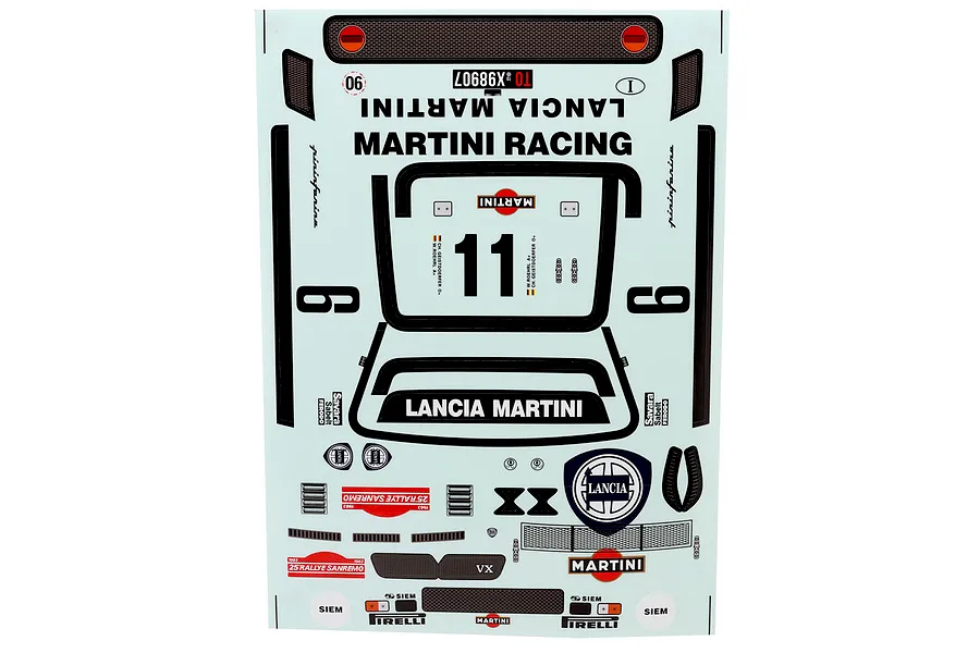 Killerbody 1/10 Lancia Rally Decal Set sheet featuring Martini Racing and sponsor logos on a white backing.