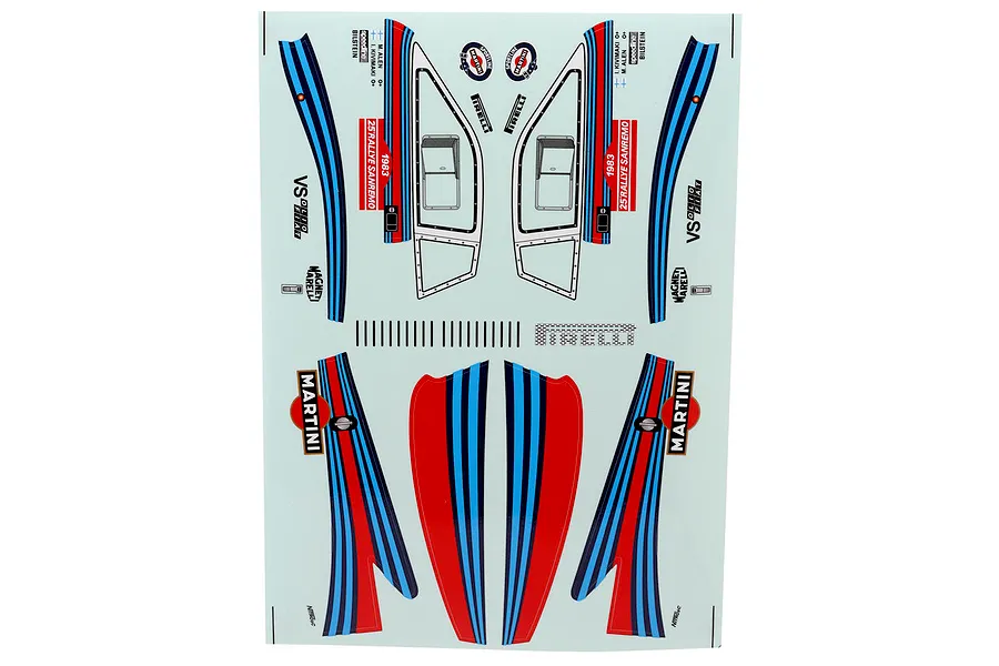 Killerbody 1/10 scale Lancia rally decal sheet featuring iconic racing livery stripes, sponsor logos, and window outlines on a white sheet.