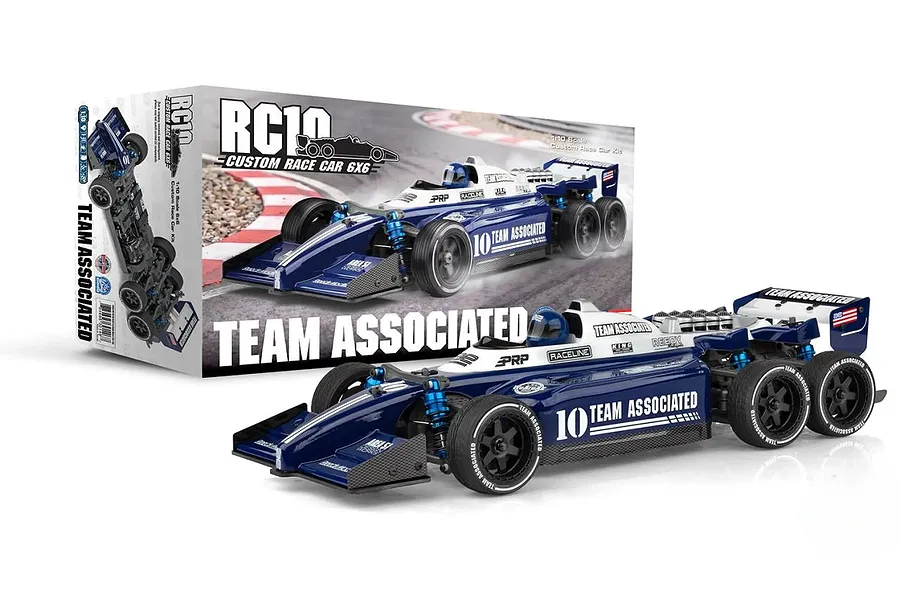 Team Associated RC10 Custom Race Car 6x6 electric RC car kit displayed in front of its packaging box.