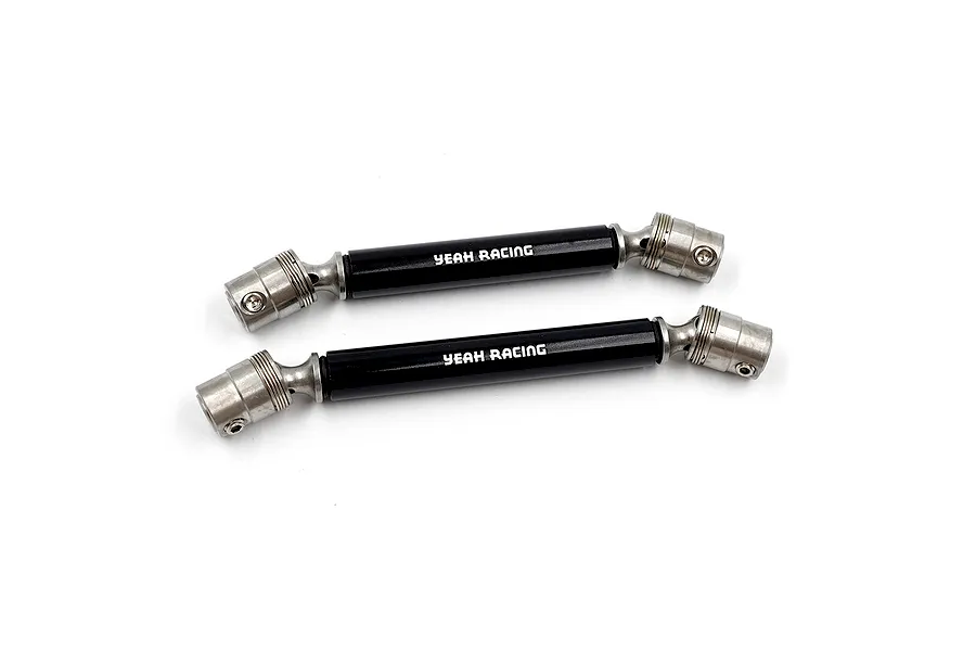 Two black and silver aluminium centre drive shafts with universal joints, labelled Yeah Racing.