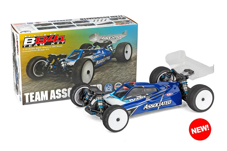 Team Associated RC10B84.1 1/10 scale 4WD electric off-road buggy kit displayed alongside its product packaging box with a red NEW! badge.