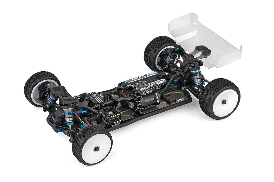 High-angle studio shot of the Team Associated RC10B84.1 4WD electric buggy chassis kit fully assembled without body.