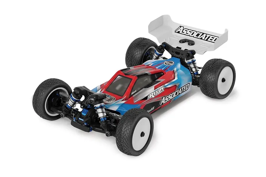 Studio product shot of a Team Associated electric 4WD 1/10 scale RC buggy with blue, red, and white body and white wheels against a white background.