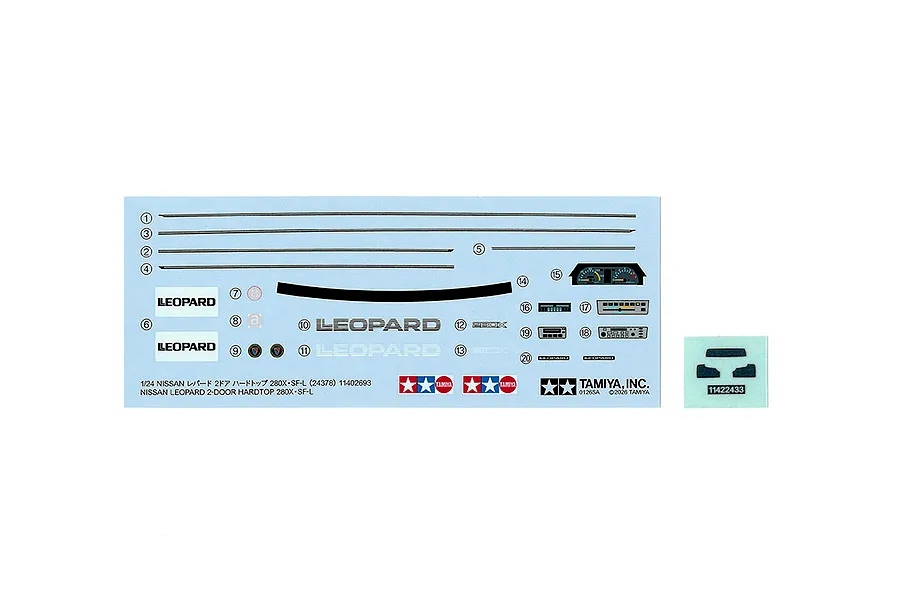 Tamiya 1/24 scale model decals and sticker sheet for the Nissan Leopard 2-Door Hardtop 280X SF-L kit.