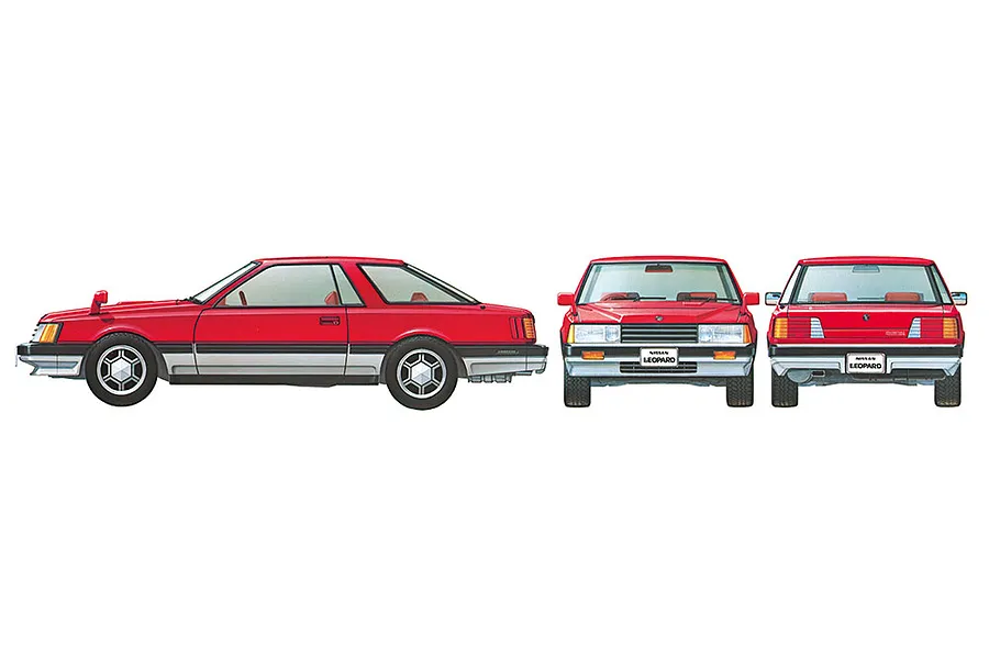 Illustration showing side, front, and rear views of a red and silver Nissan Leopard model car.