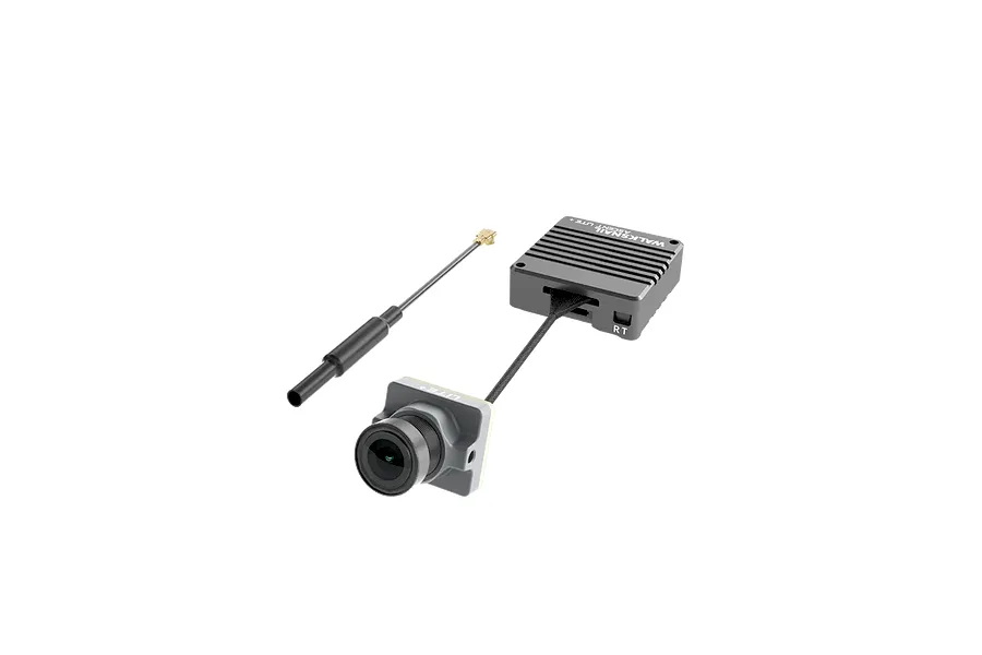 CaddxFPV Walksnail Ascent Lite+ kit including FPV camera, VTX module with heatsink, and antenna against a black background.