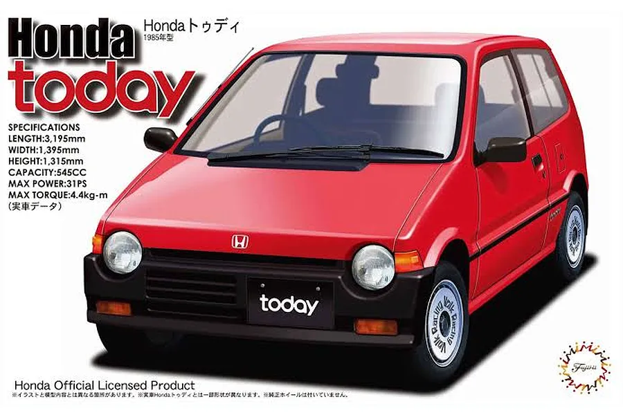 Packaging illustration of a red Honda Today G model car against a white background with specifications text.
