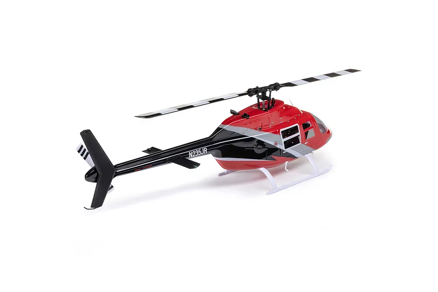 Studio product photo of Blade Jet Ranger 235CP RC helicopter in red, black, and silver livery on a white background.