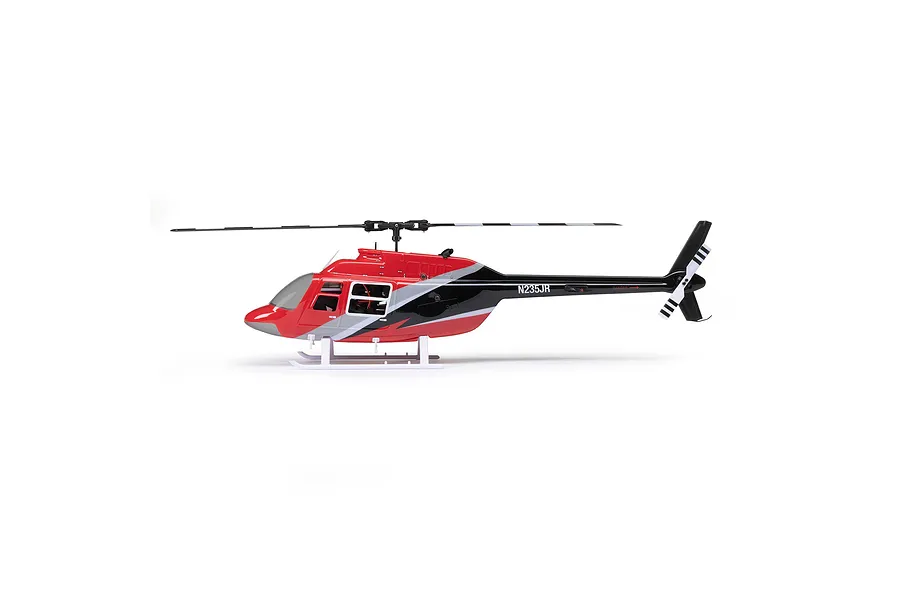 Studio side profile shot of the Blade Jet Ranger 235CP RC helicopter featuring red, black, and silver scale body.