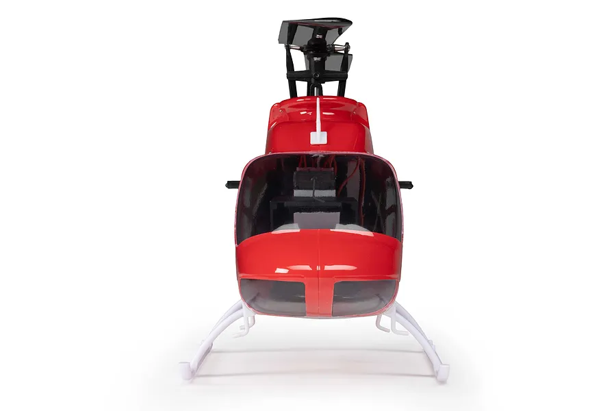 Front view of the red and white Blade Jet Ranger 235CP RC helicopter against a white background.