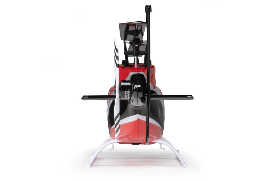 Rear-on studio product view of the Blade Jet Ranger RC helicopter showing tail rotor, vertical fin, and landing skids against a white background.