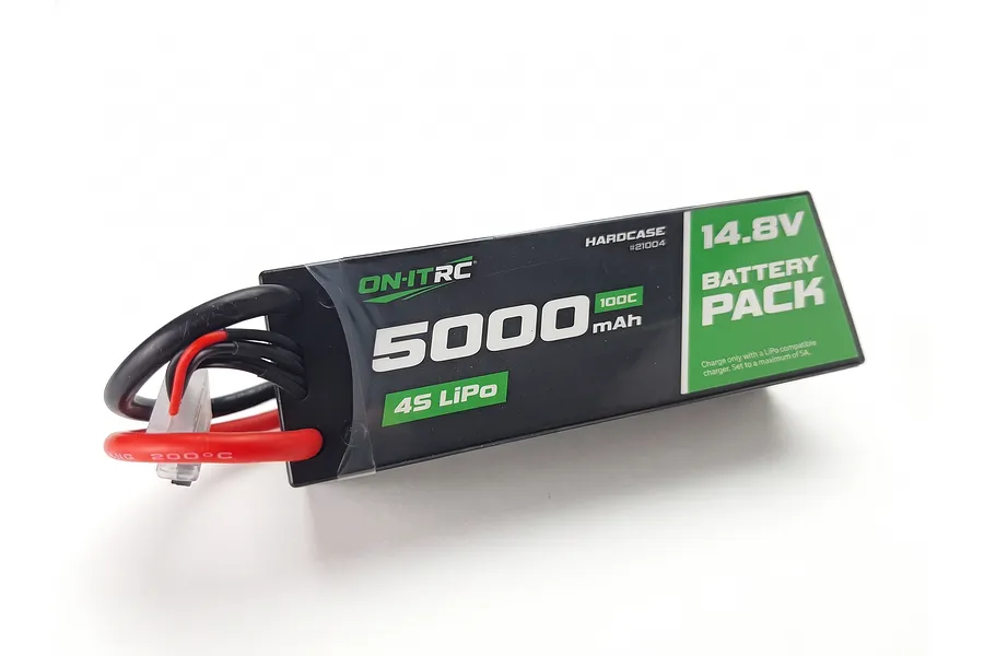 On-It RC 14.8V 5000mAh 100C 4S Hard Case LiPo Battery with black case, green branding, and attached wires on a white background.