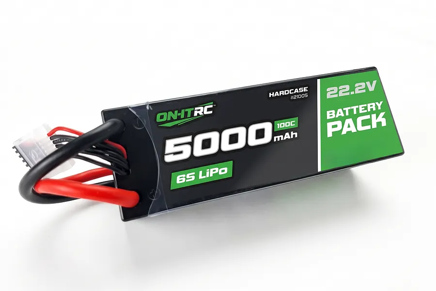 On-It RC 22.2V 5000mAh 100C 6S hard case LiPo battery pack with black and green label and output wires.