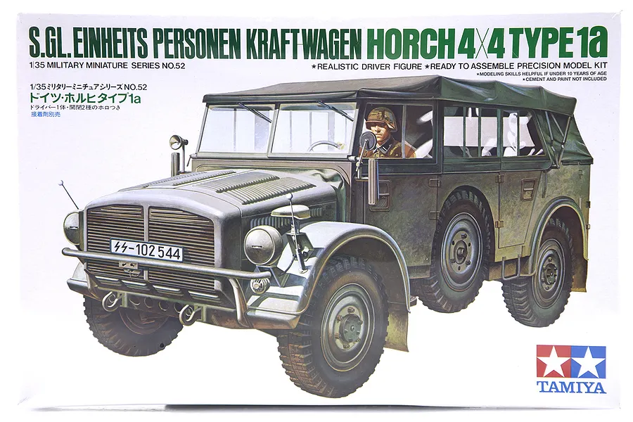 Tamiya 1/35 scale model kit box art for the German Horch 4x4 Type 1a military vehicle, featuring an illustration of the olive green truck with a driver.