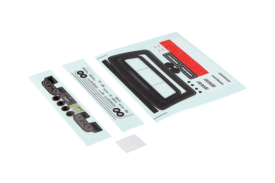 Sticker and decal sheets for the Killerbody 1/10 Toyota Land Cruiser 70 body kit, featuring dashboard graphics and logos.