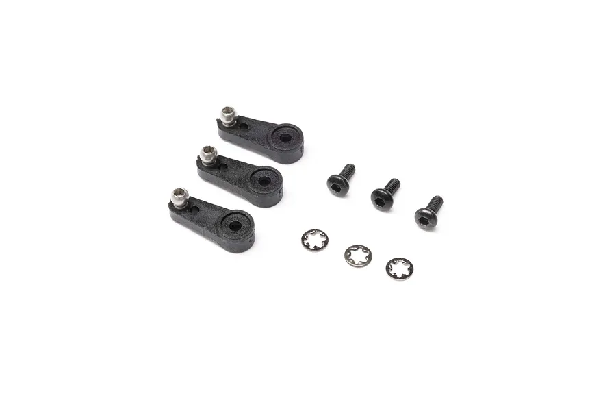 Blade RC servo horn set including three black plastic servo arms, three metal screws, and three retaining rings against a plain white background.