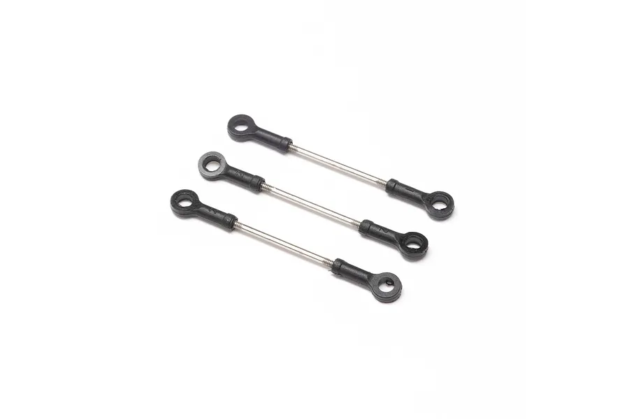 Three metal turnbuckles with black plastic ball joint ends arranged diagonally on a plain white background.