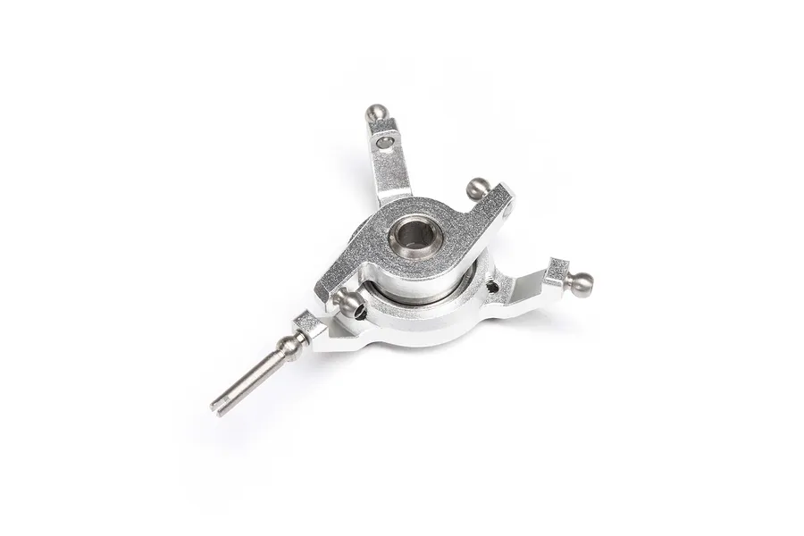 Silver metal RC helicopter swashplate featuring multiple ball links against a clean white background.