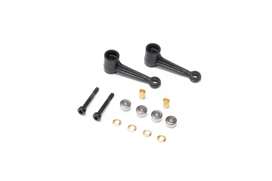 Blade Rotor Linkage Set components including two plastic arms, screws, bearings, and brass bushings on a white background.