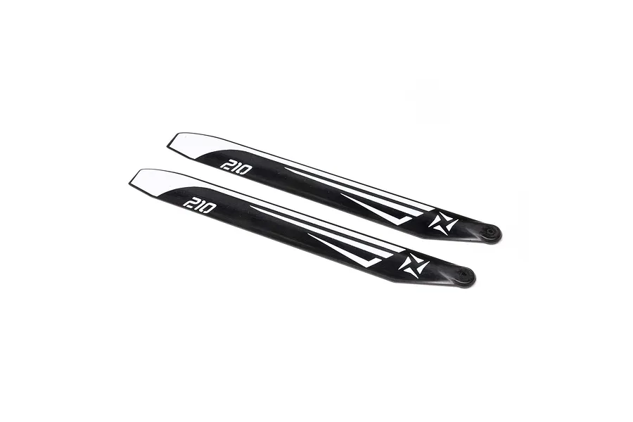 A set of two black and white helicopter main rotor blades with the number 210 printed on them, isolated against a white background.