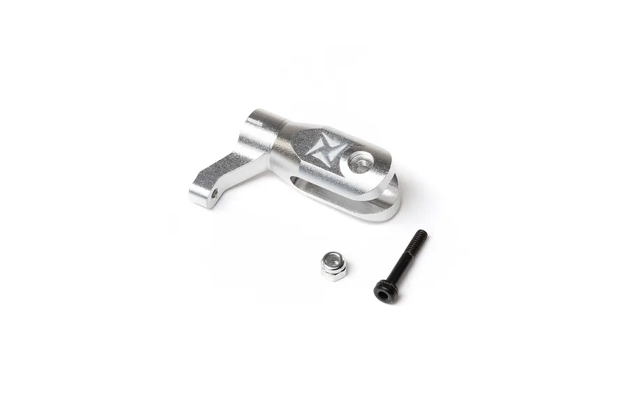 Silver aluminum main rotor blade grip with mounting hardware including a black screw and nut on a white background.