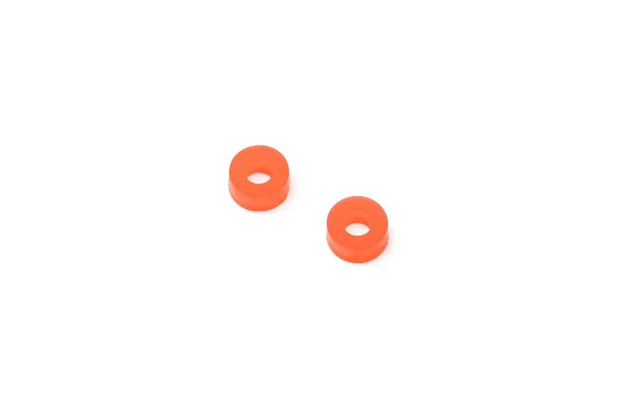 Two orange rubber rotor head dampers for Blade RC helicopters against a white background.