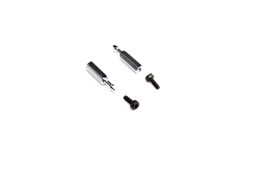 Studio shot of Blade Canopy Mount helicopter spare parts including two metal posts and two screws on a white background.