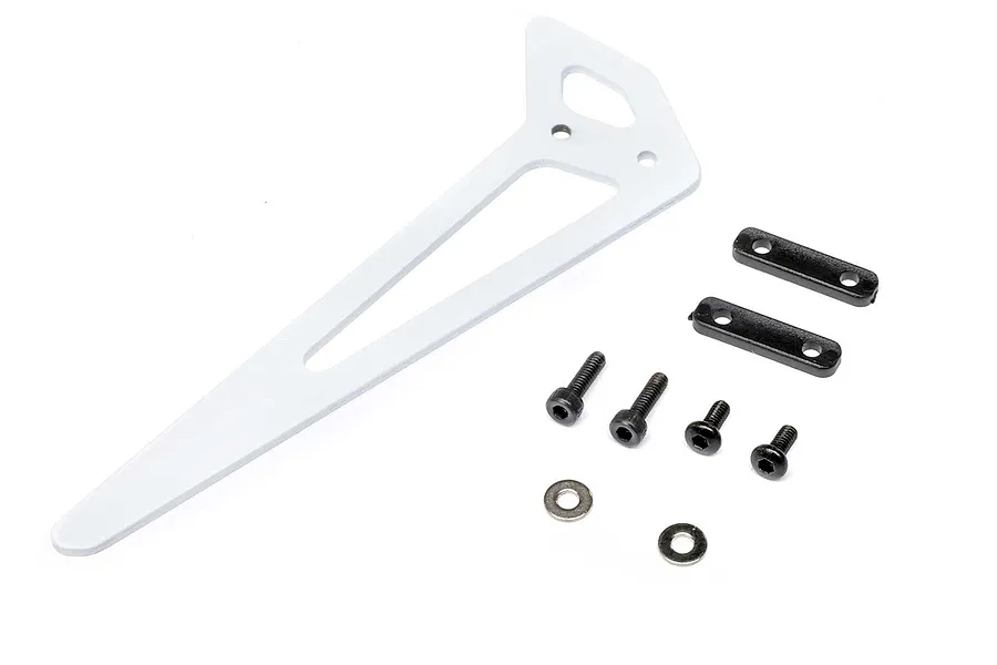 White tail fin with associated black mounting brackets, socket head screws, and washers displayed on a white background.